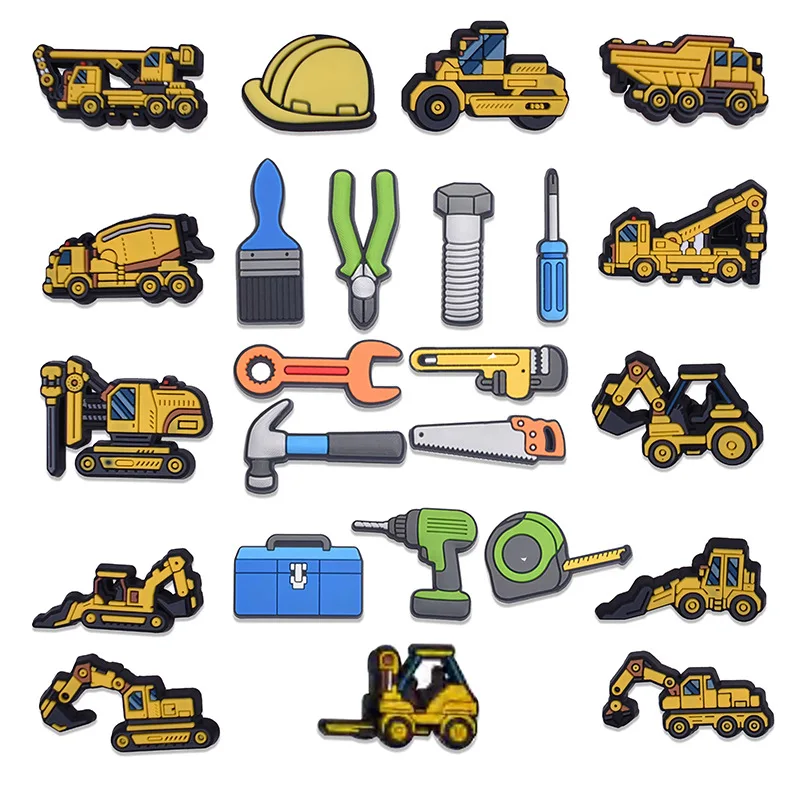 

Single Sale 1pcs Cartoon Engineering Vehicle Tools Shoe Buckle Garden Shoes Charms PVC Decorations Boys Kids Party X-mas Gifts