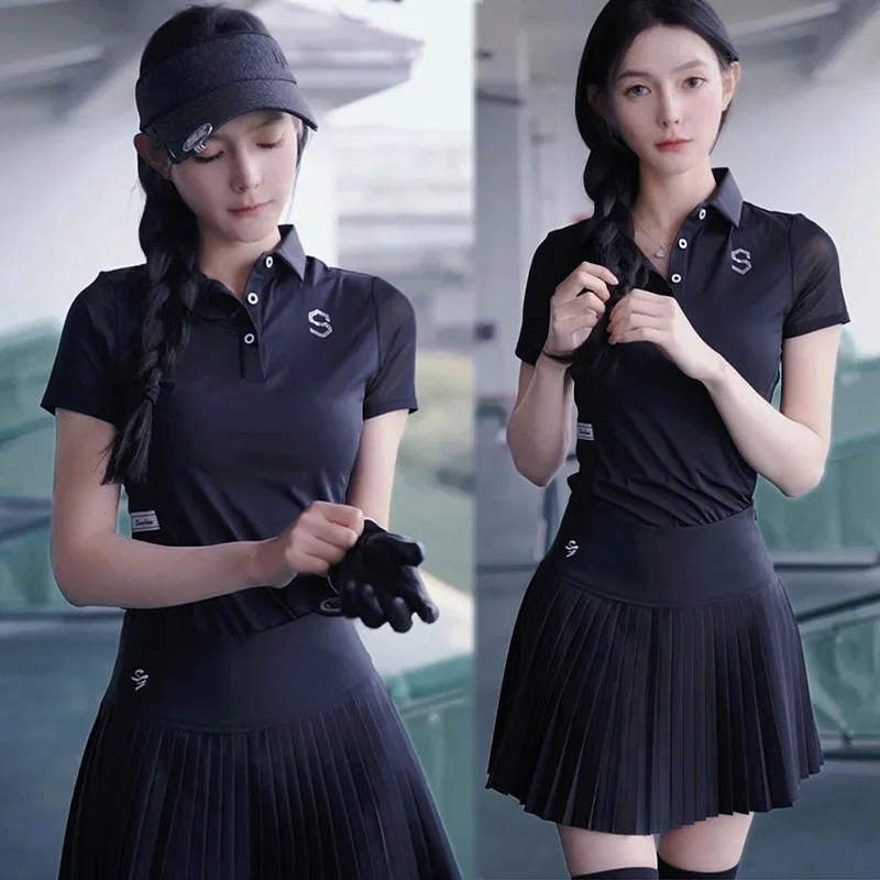 Polo Shirts Women Pleated A-lined Skort High Waist Skirt Set