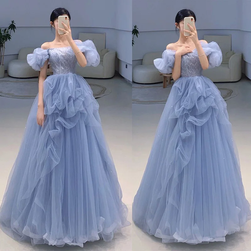 

Женское плиссированное платье It's Yiiya, небесно-голубое Тюлевое платье-трапеция до пола с вырезом лодочкой и блестками на шнуровке на лето 2019