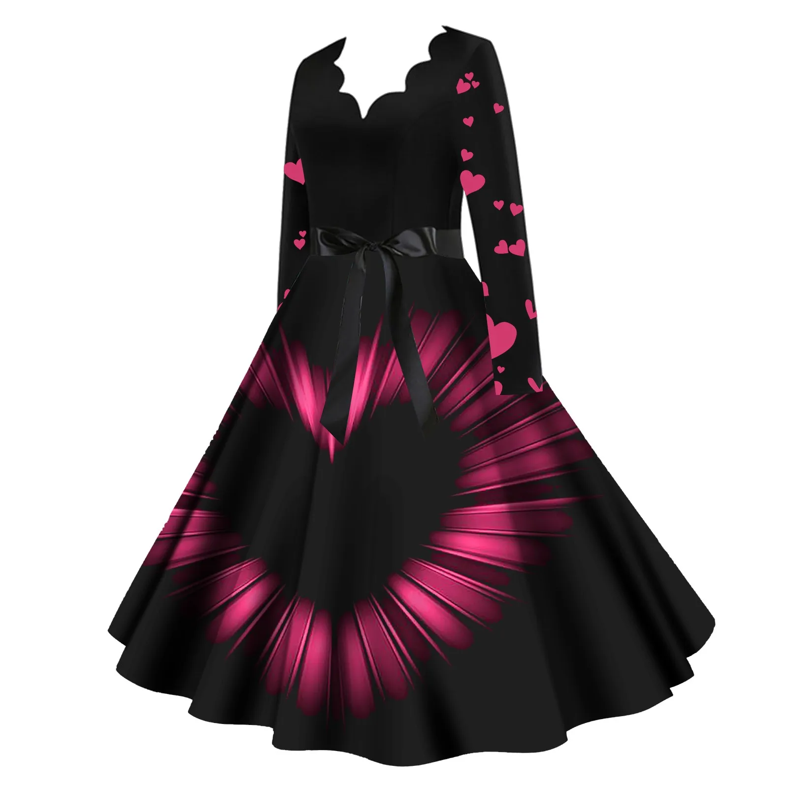 

2023 Valentine's Day Women's Dress Classic A-Line Dress Long Sleeve V Neck Dress With Belt Swing Cocktail Party Dresses Robe