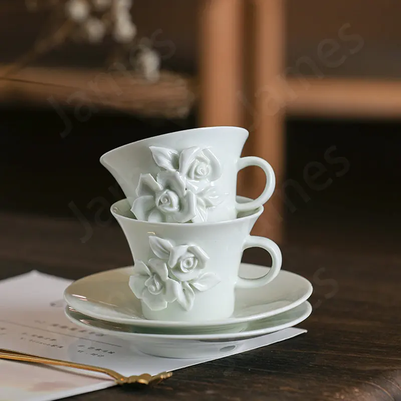 

Embossed Series Coffee Cup Set European Style Ceramic Coffee Cups Vintage Afternoon Tea Mug and Plate Solid Color Coffee Cups