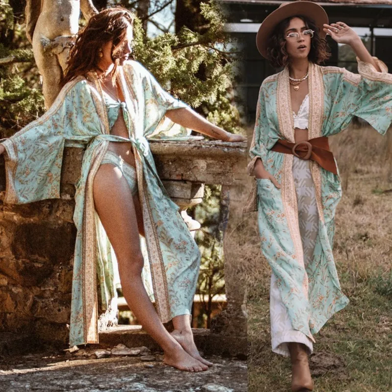 

Spring Bohemian Sexy Positioning Print Mid-sleeve Elastic High Waist Tie Princess Long Skirt Kimono Cardigan Lace Rayon Holiday