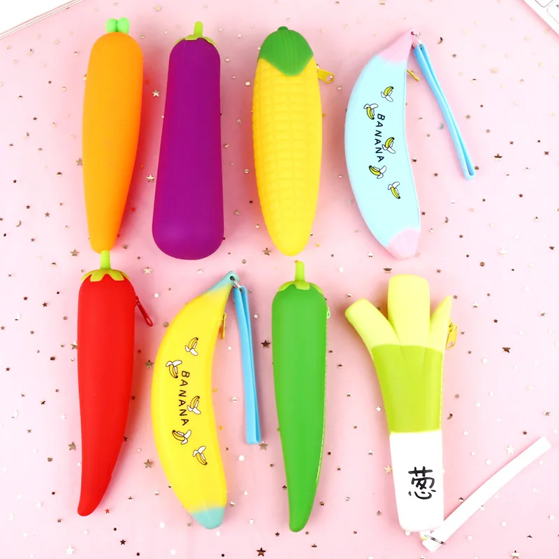 

New Arrival Cute Practical Jokes simulation Silicone toy Kawaii Banana Vegetables Pen Pencil Bag gift