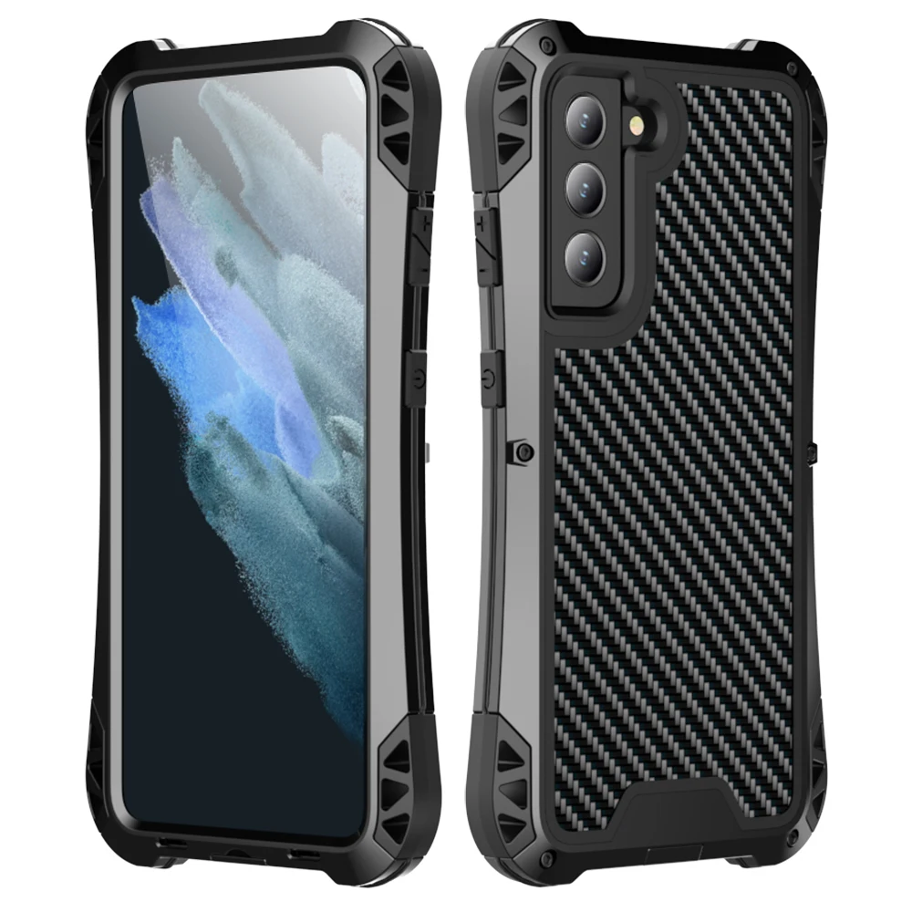 

R-JUST AMIRA Carbon Fiber Metal Armor Case For Samsung Galaxy S21 FE Shockproof Heavy Duty Defender Powerful Protection Cover