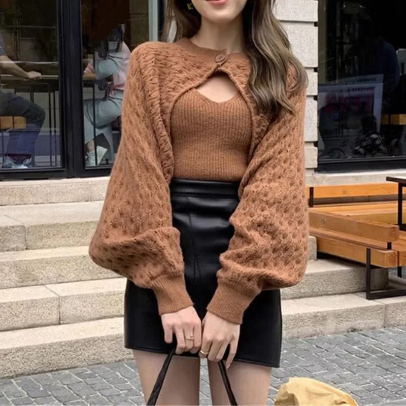 

Korean sexy Two-piece Set Casual tank top Camisole Knitted Cardigan Jacket autumn Slim Fashion Solid sweater 2 Piece Sets Female