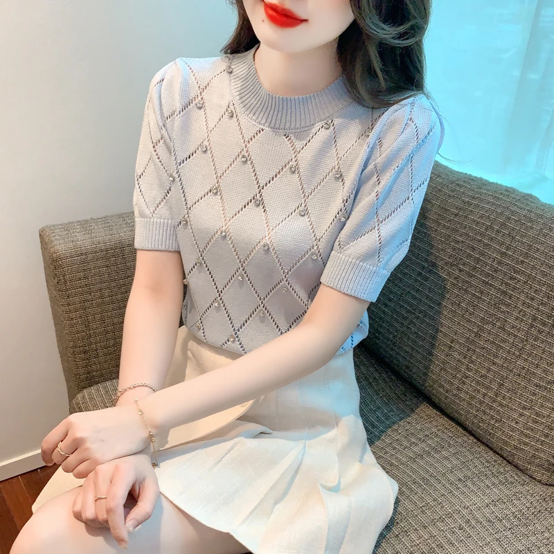 Summer High Quality Knitted T-Shirt Vintage Argyle Hollow Out Diamonds Women Tops Short Sleeve New 2023 Slim Tees 32986