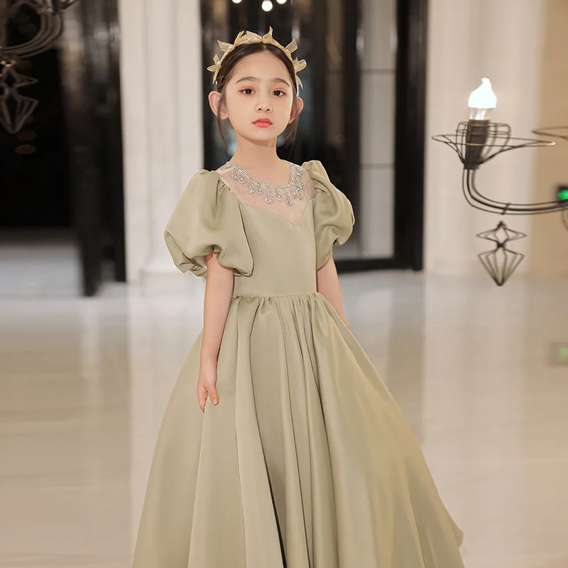 

Flower Girl Piano Playing Host Dress Sweet Princess Dress Girl Satin Female Performance Clothing Senior Children Dresses 3-13Y