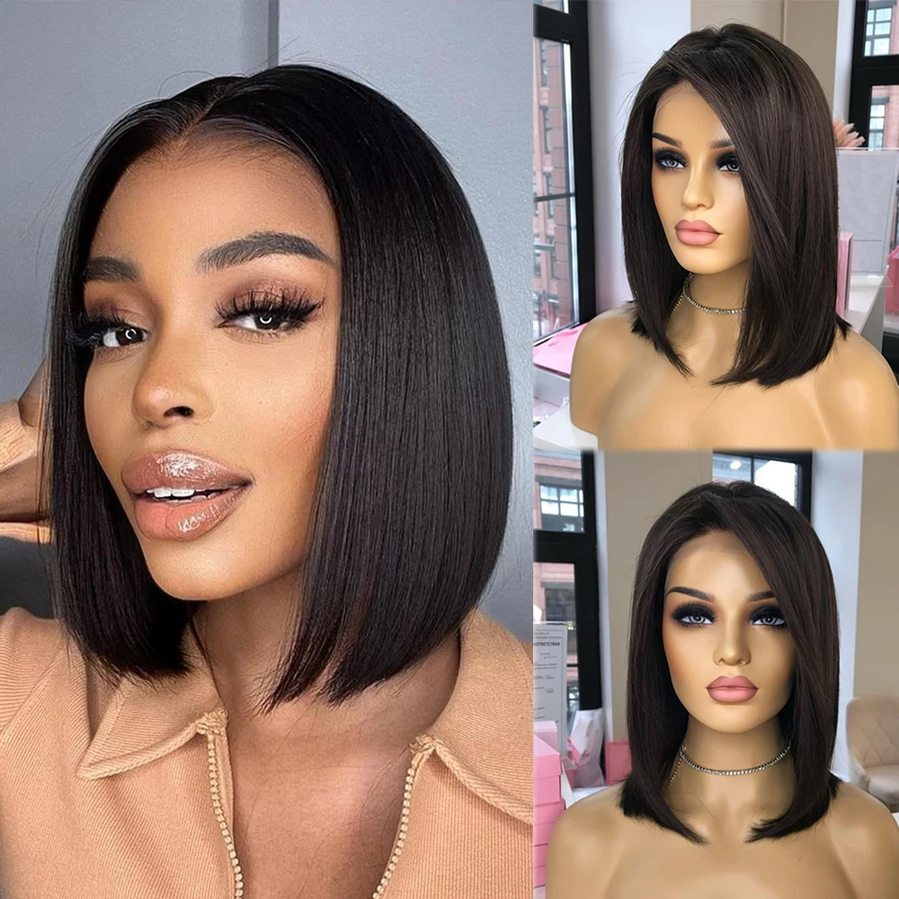 krótki bob prosto koronkowa peruka na przód 13x4 ludzki włos brazylijska klasa Remy naturalny czarny kolor gęsty 150% dla kobiet