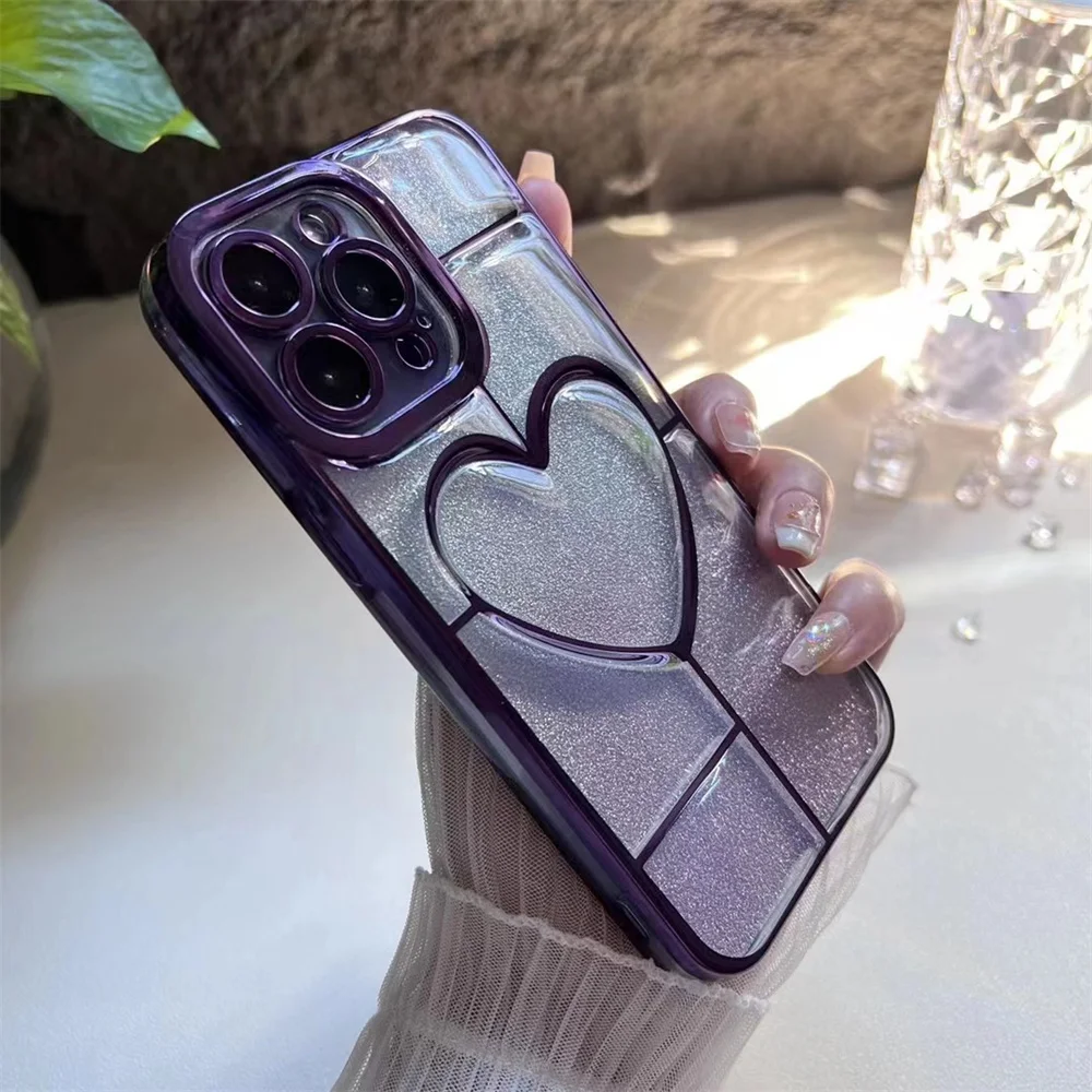 

Темно-фиолетовый градиентный блестящий чехол для iphone 14 Pro, большой прозрачный дизайнерский защитный чехол с полым прозрачным сердцем, чехол...