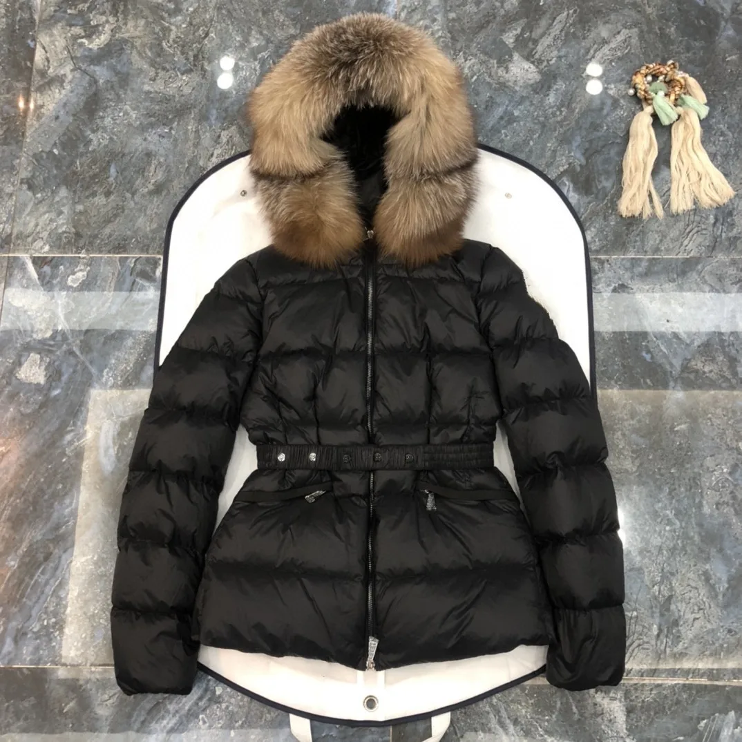 

2023 winter new down jacket women's short large collar belt slimming warm 90% white duck down jacket black high quality