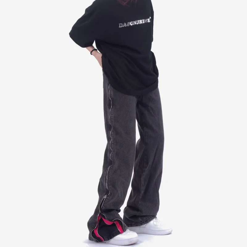 DEEPTOWN Vintage Patchwork Jeans for Men Black Straight Denim Pants Male Harajuku Fashion Trousers Double Zipper Streetwear 4XL