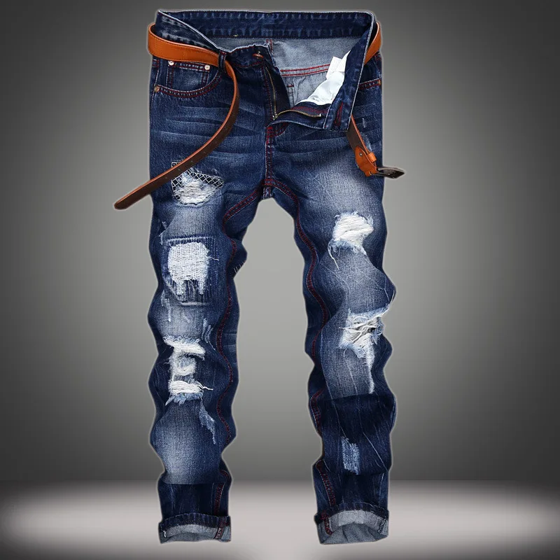 EVJSUSE original brand jeans men hole straight Slim jeans personality moustache effect Men Designer Destroyed Ripped Jeans