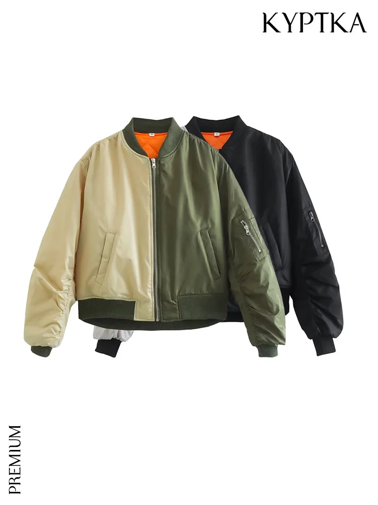 

KYPTKA Women Fashion Patchwork Oversized Crop Padded Bomber Jacket Coat Vintage Long Sleeve Zipper-up Female Outerwear Mujer