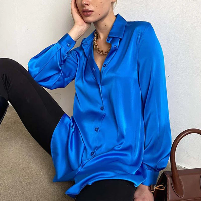 

Women's Solid Satin Shirt Elegant Polo Collar Office Lady Shirts 2022 Spring Summer Long Sleeve Top Female Fahsion Casual Shirts