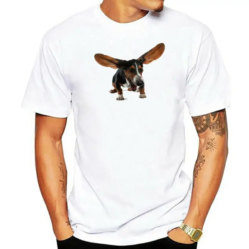 

Funny Naughty Basset Hound dog Oversized Ears Print T-Shirt Summer Fashion Men's Short Sleeve Cute Animal Casual White Tee Tops