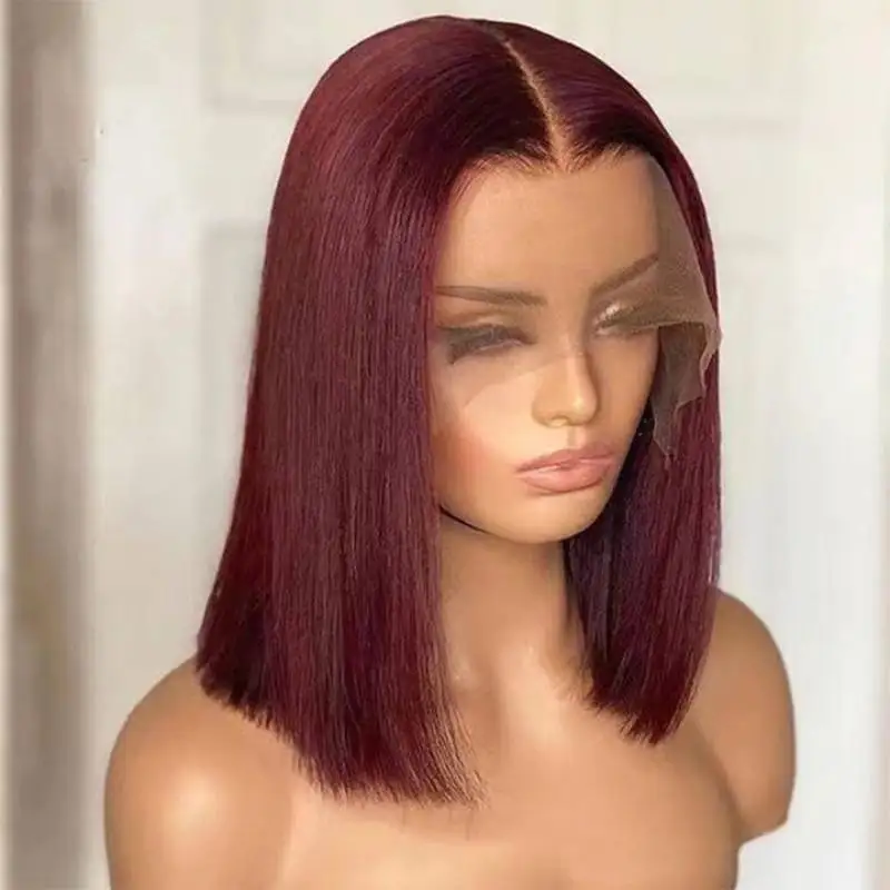 Burgundy Straight Bob Lace Front Human Hair Wigs 13*5*1T Middle Lace Part Brazilian Pre-Plucked Wigs for Black Women 8- 16 inch