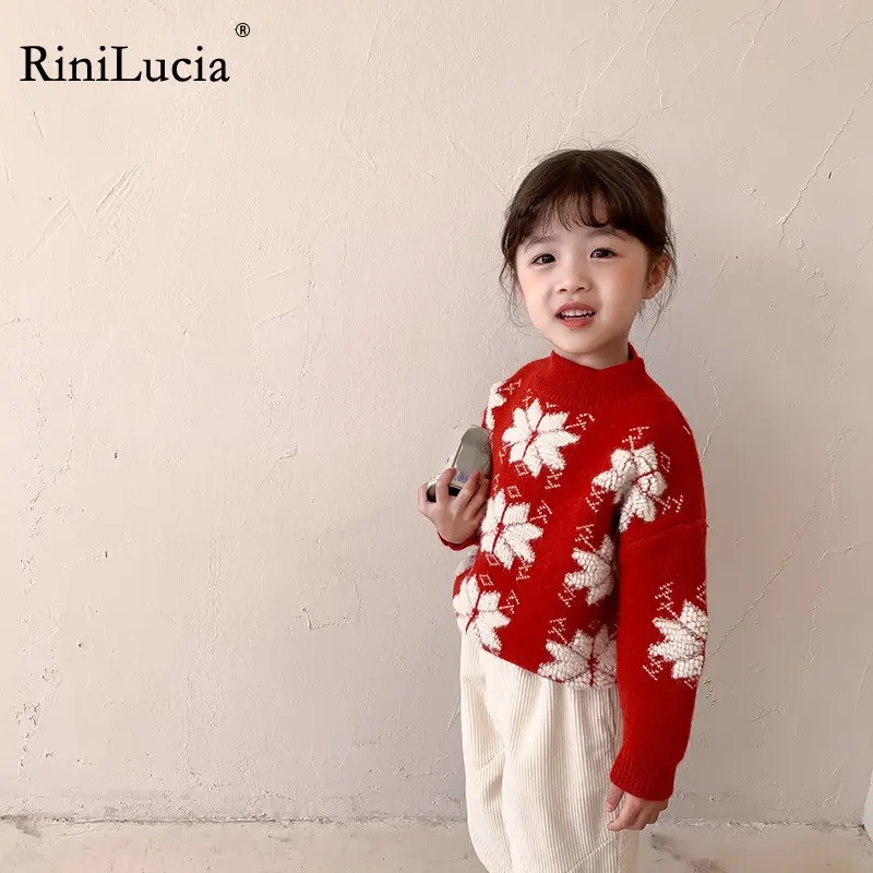 

RiniLucia New Year Red Girls Sweater Knitted Bottoming Shirt Fashion Warm Girl 2022 Winter Children's O Neck Pullover Sweater