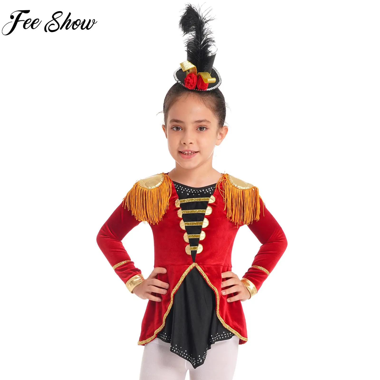 

Red Kids Girls Circus Cosplay Costume Long Sleeves Tassels Adorned Dip Hem Jumpsuit Bodysuit Stage Performance Costumes