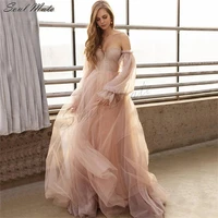 elegant pink a line wedding dresses beach boho puff sleeves beading bridal dress off shoulder vestidos de novia wedding gowns