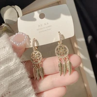 fancy hollow dream catcher leaf feather shiny crystals drop dangle earrings for women party jewelry korean hanging cz earrings