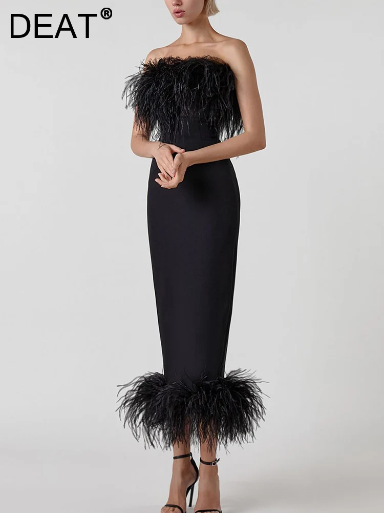 

[DEAT] High-end Evening Party Feather Strapless Slim Female Dress Zipper Split Backless Dresses For Women's 2023 Spring 13DB317