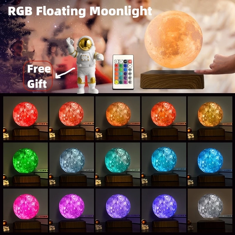 Magnetic Levitation Floating Moon Lamp 3D Printing RGB 16Colors Touch Remote Control for Home Decor Creative LED Night Light