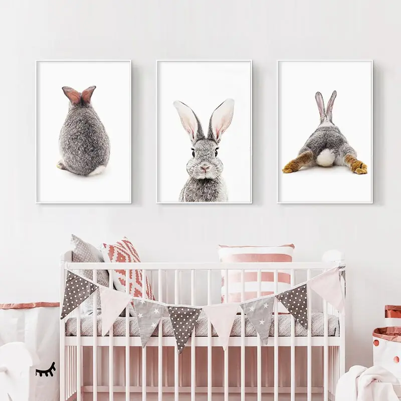 

Grey Rabbit Animal Posters and Prints Canvas Art Painting Cute Bunny Wall Art Nursery Decorative Kids Decoration Picture Nordic