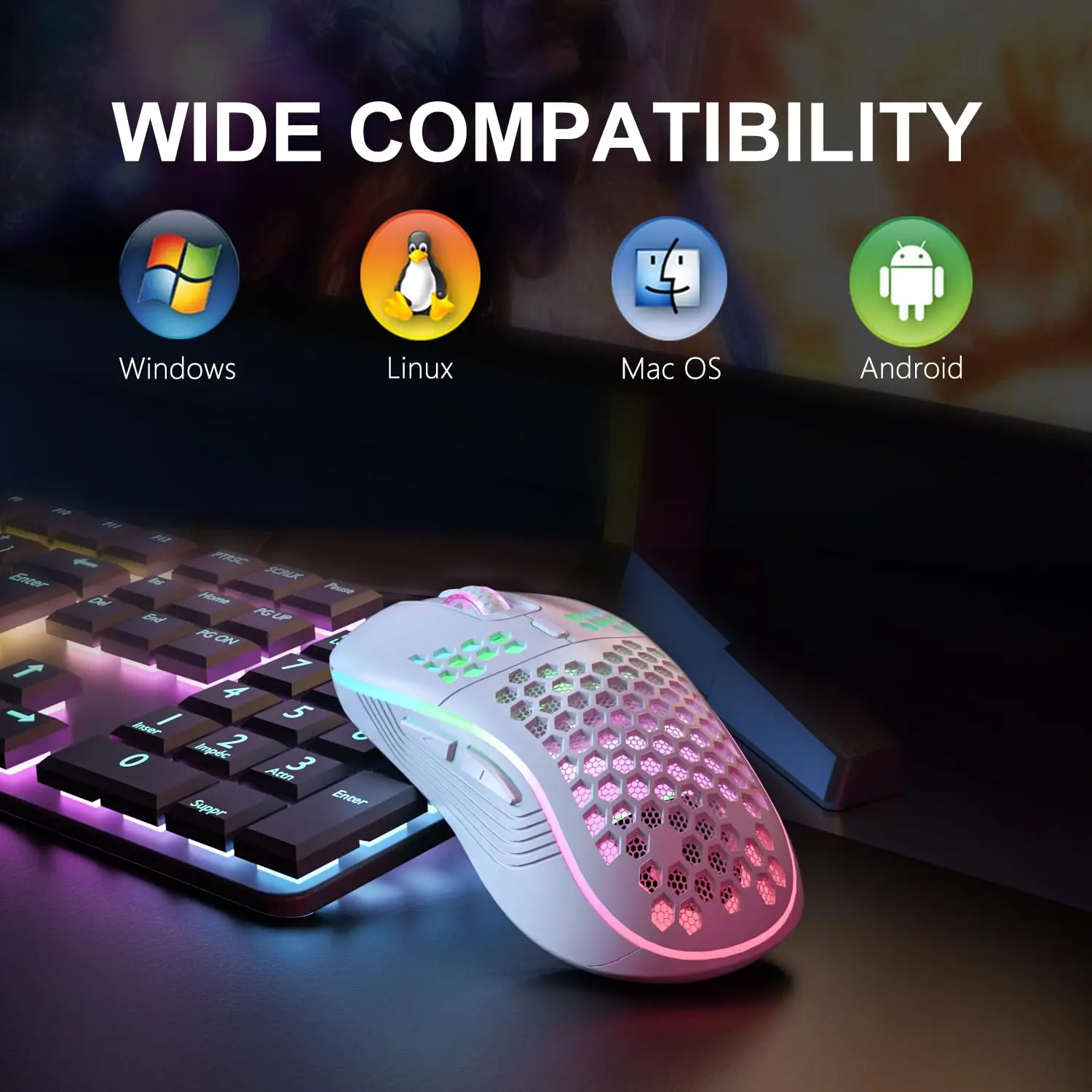 Фото Беспроводная игровая мышь 2,4G с RGB-подсветкой и зарядкой с регулируемым разрешением, эргономичная сотовая конструкция для настольного ноутбука №2