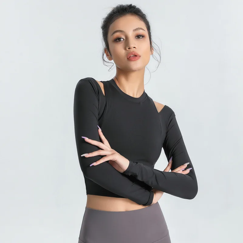 

Yoga suit top quick drying T-shirt running fitness suit elastic thin tights European and American navel sports long sleeve women