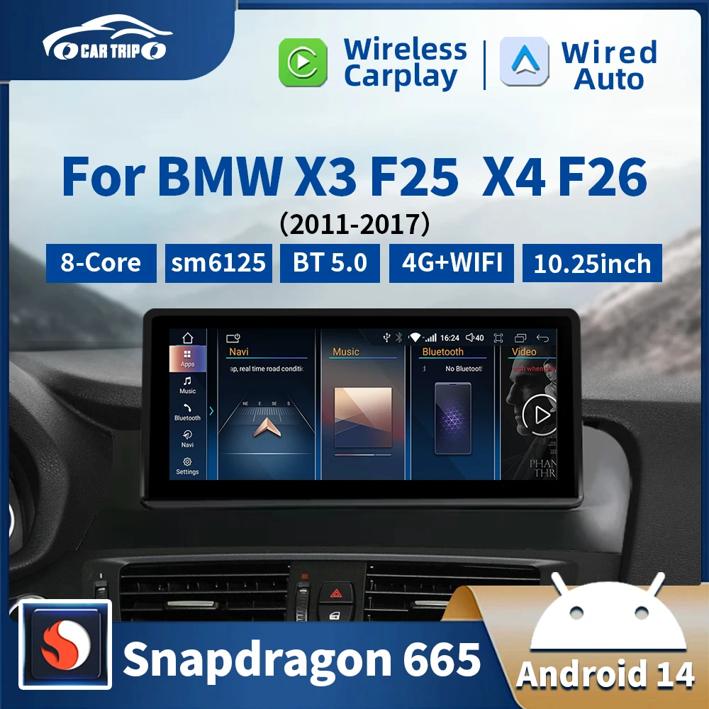 Snapdragon 665 Android 14 Carplay 8 + 128G 12 3 ''автомобильное радио для BMW X3 F25 X4 F26 4G WIFI DSP GPS BT