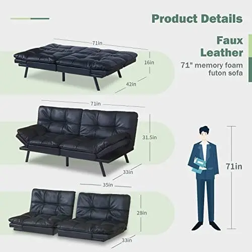 

Futon Sofa Bed,Black Leather Memory Foam Loveseat Futons Sofa Couch,Small Euro Lounger Sofa for Compact Living Spaces,Apartment,
