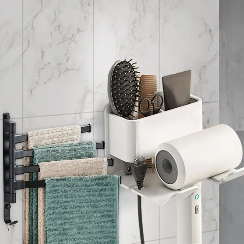

Hair Dryer Holder Wall Dryer Cradle Straightener Stand Hairdryer Organizer Storage Box And 2/3/4/5 Rotatable Bathroom Towel Rack