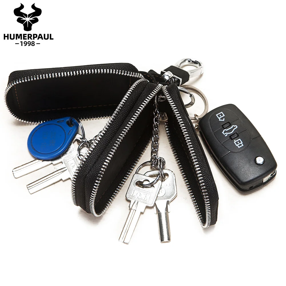 

Crazy Horse Leather Keychain Bag Double Zipper Leather Car Key Bag General Motors Multifunctional Home Double Layer Key Bag