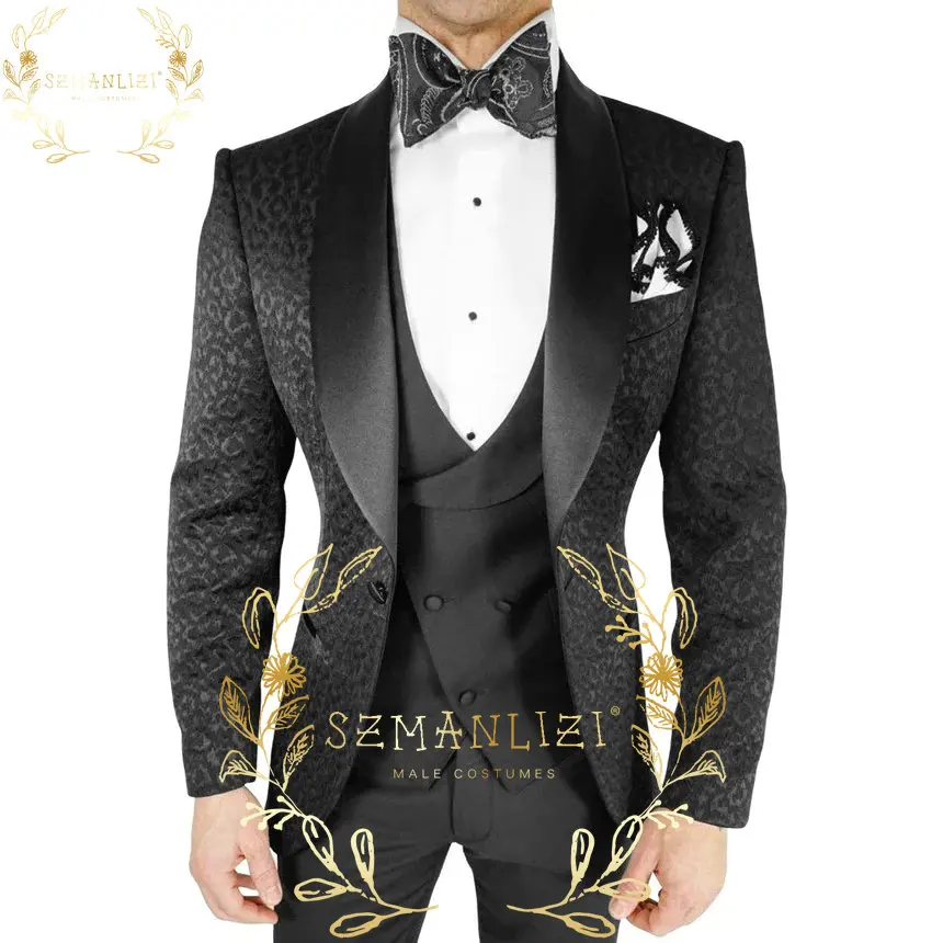 Traje de leopardo negro de lujo para hombre, chaqueta ajustada de 3 piezas, chaleco, pantalones, conjunto para novio, boda, baile de graduación, Blazer Formal para banquete