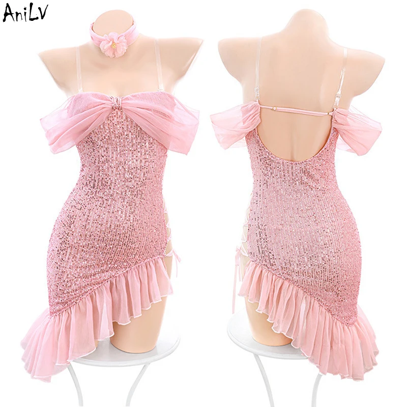 

Женское блестящее платье AniLV, романтичная розовая ночная рубашка на бретельках с бантом, блестящие костюмы