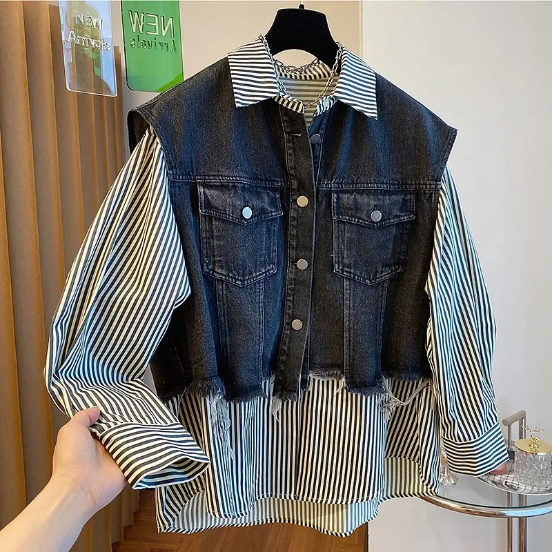 Женская рубашка из денима свободная блузка двух предметов большие размеры 4XL