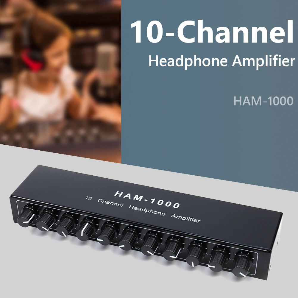 

10 Channels Audio Distributor with 12V Power Adapter DC12-24V Stereo Audio Amplifier AUX 3.5mm Earphone Amp for Studio Recording