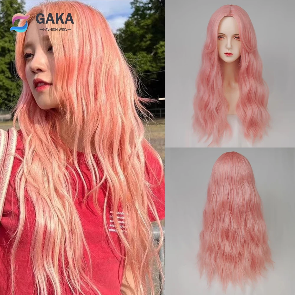 

GAKA Long Synthetic Wavy Curly Wig Pink Women Natural Lolita Cosplay Heat Resistant Hair Wig for Daily Party
