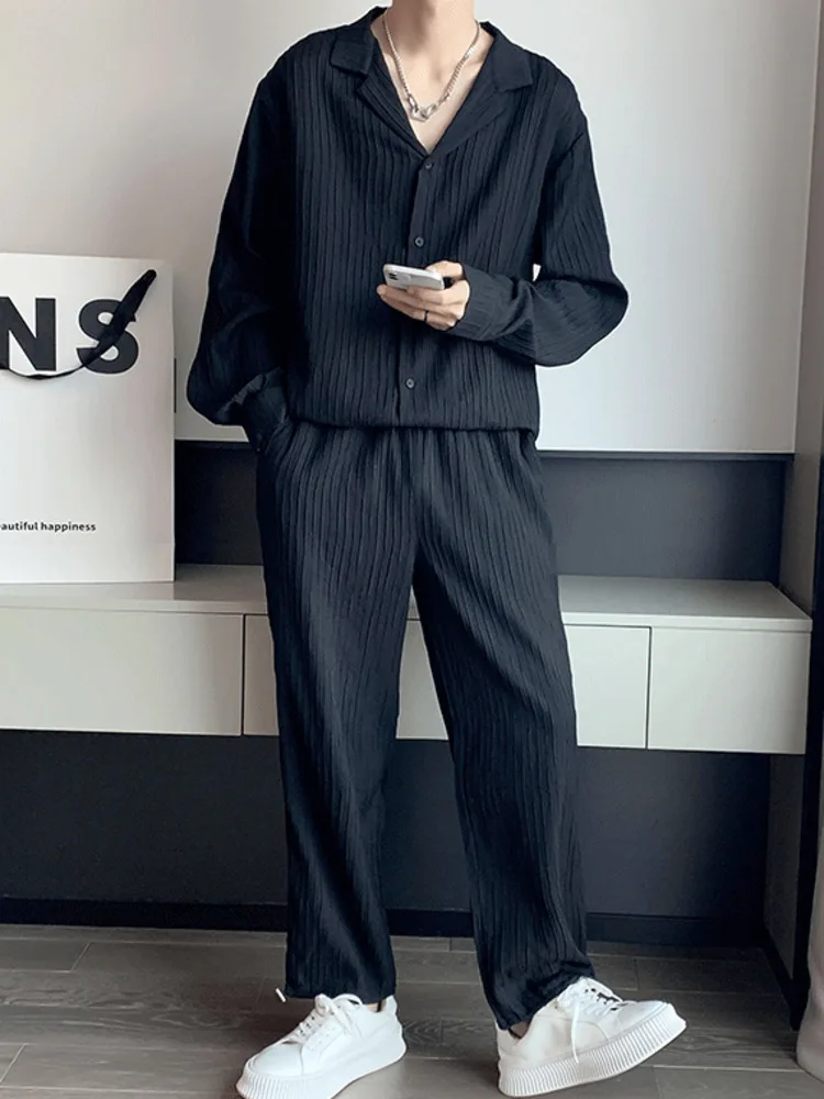 

SYUHGFA Men Clothing Notched Collar Long Sleeve Shirt Loose Causal 2022 Spring Summer Pleated Suit Korean Fashion Two Pieces Set