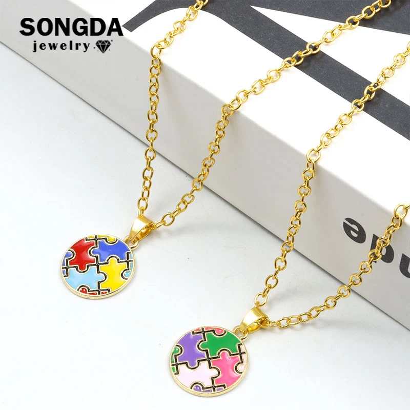 

Autism Awareness Necklace For Children Kids Gifts Link Chain Round Jigsaw Puzzle Alloy Enamel Pendant Necklaces Birthday Jewelry