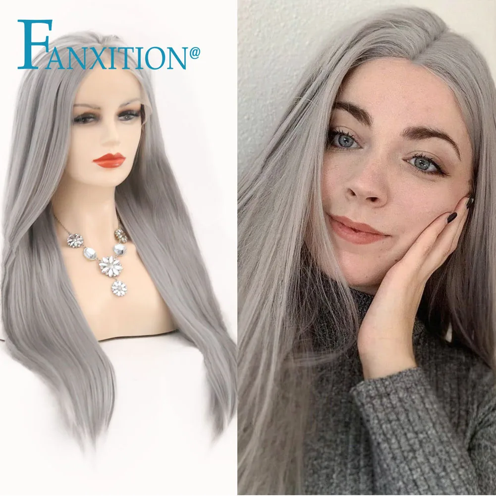 

FANXITION Long Synthetic Wigs Grey Color Straight Lace Front Wig For Women High Temperature Fiber Pre Plucked With Baby Hair