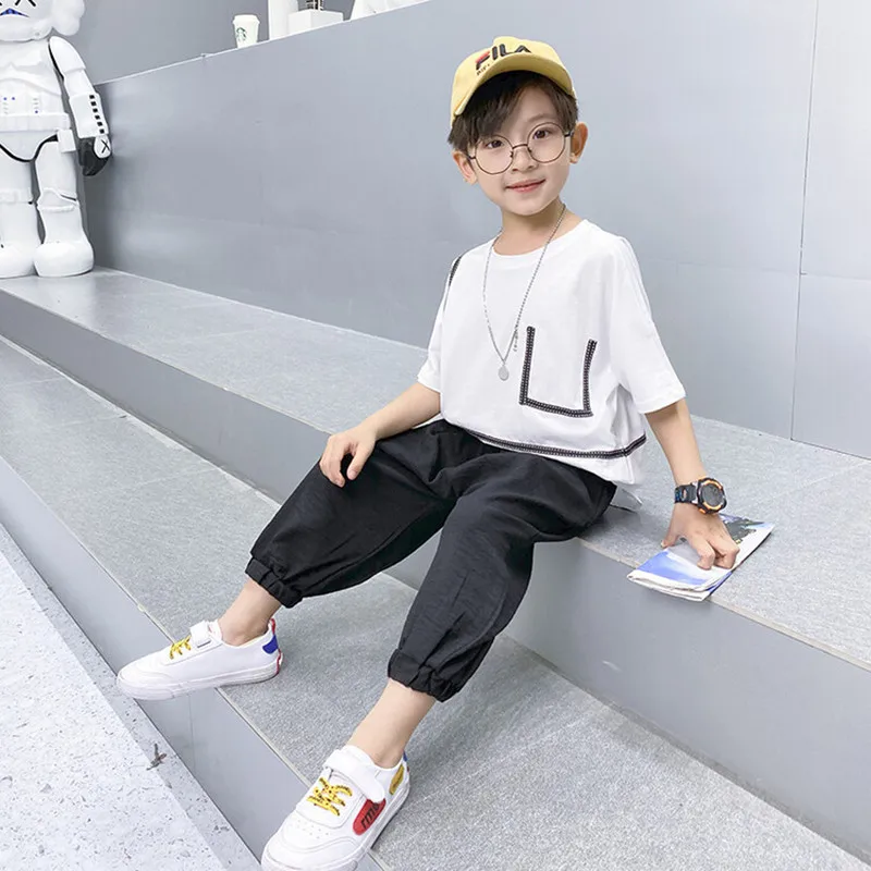 Children Casual Clothes Kids Black Bloomers Pant Set Boy Fashion Striped Sewing Design Short Sleeve Tops Suit Teen Loose T-Shirt