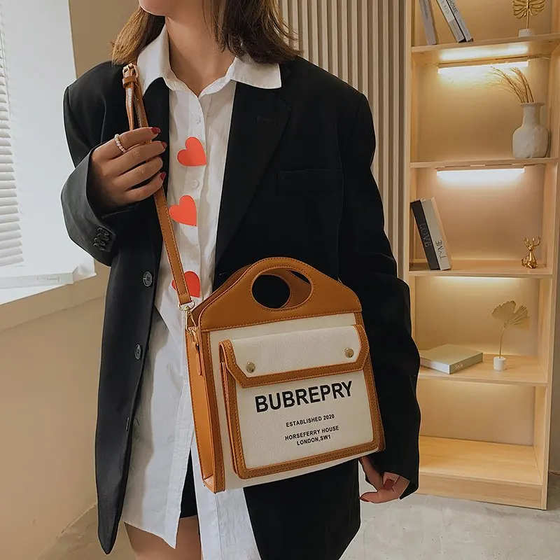 

Classic Black Caramel Canvas Genuine Leather Handle Briefcase Handbag Women's Bag 2022 Trend Luxury Designer Brand Replica Style