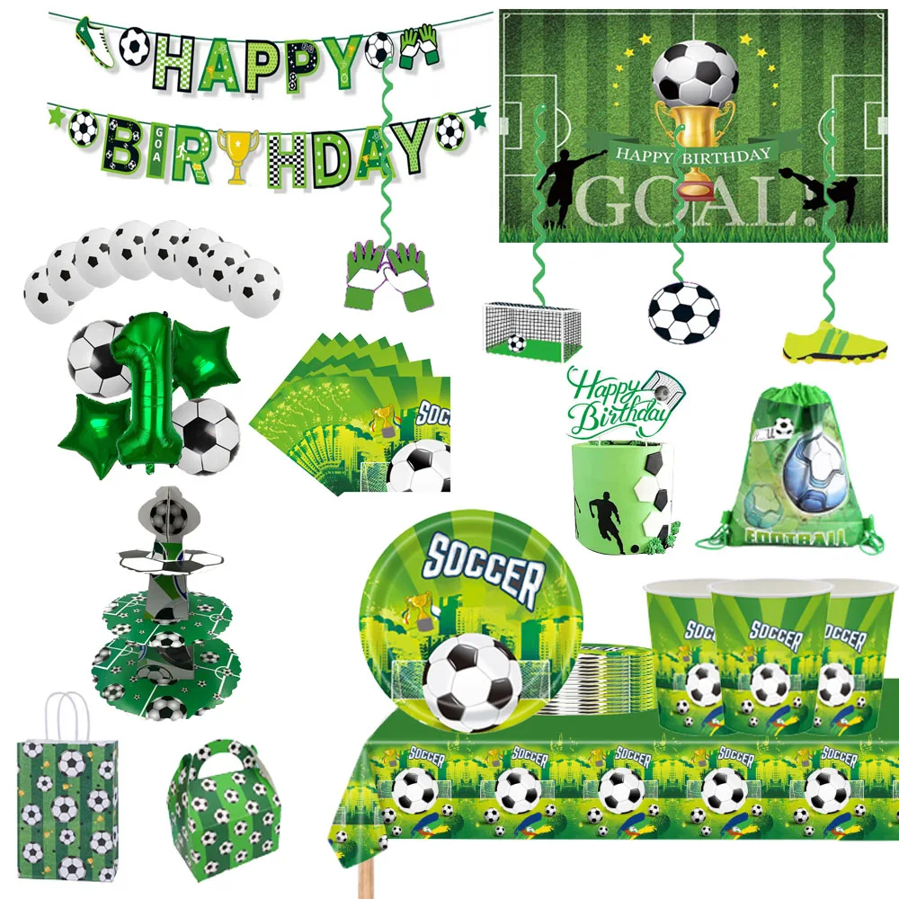 

Football themed boy's party disposable green tableware dinner plate birthday decoration sports champion party decoration items