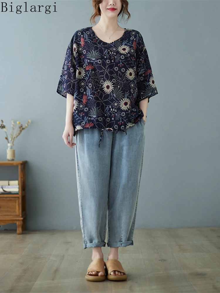 

Oversized Floral Print T Shirt Summer Womens Casual Women Loose T-Shirt Korean Ladies Womens Cotton and Hemp Drawstring TShirt