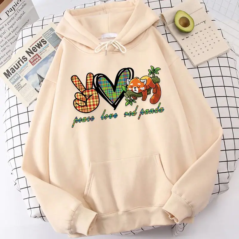 

Peace Love Red Panda Hoodie Women Fashion Kawaii Red Panda Korean Harajuku Sweatshirt Female 90s Cartoon Clothes Female Hoodie