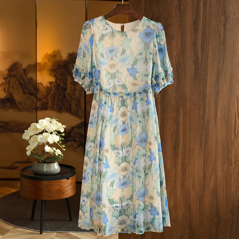 

Женское длинное свободное платье-трапеция, элегантное модное платье средней длины из 2023 натурального шелка с коротким рукавом и цветочным принтом, лето 100%