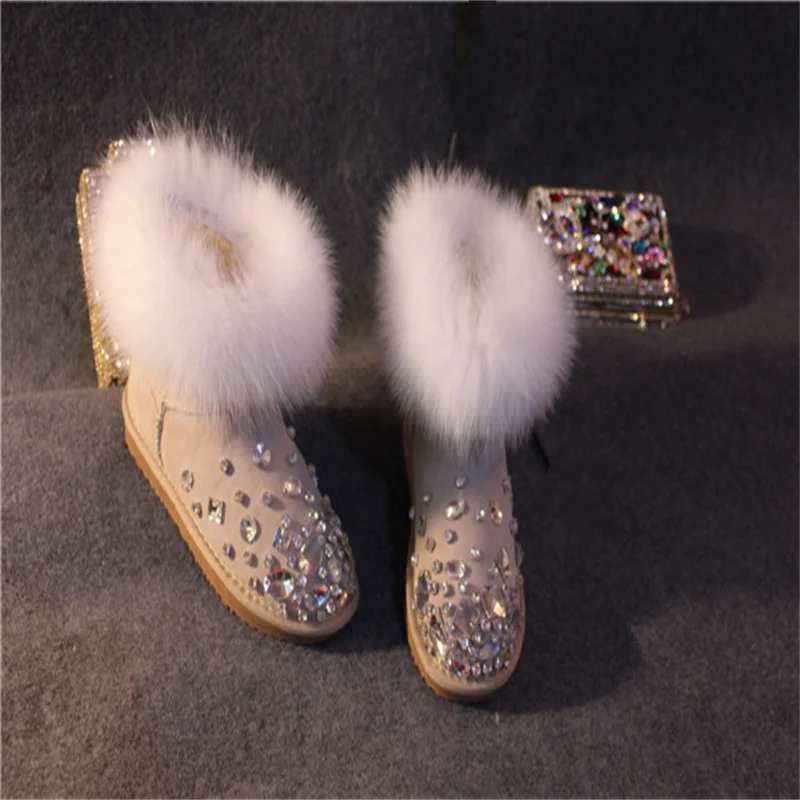 

Fox hair boots Rhine-diamond classic hand-made mid-calf boots winter plus fleece warm fur boots men and women size 35-44