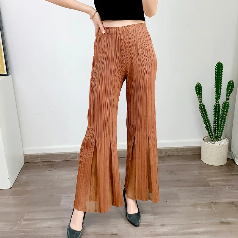 

Miyake Straight Split Styles Women Pleated Solid Color Fashion Design 2023 Spring Casual High Stretch Nine-point Wide Leg Pants