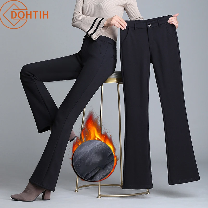 

Женские зимние однотонные флисовые расклешенные брюки с высокой талией, эластичные Костюмные брюки, женские свободные плюшевые повседневные брюки, женские теплые облегающие брюки